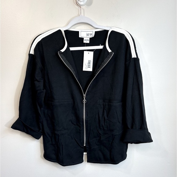 NWT Joan Vass 3/4 Sleeve Zip Front Jacket Black with White Size Small - Picture 2 of 12